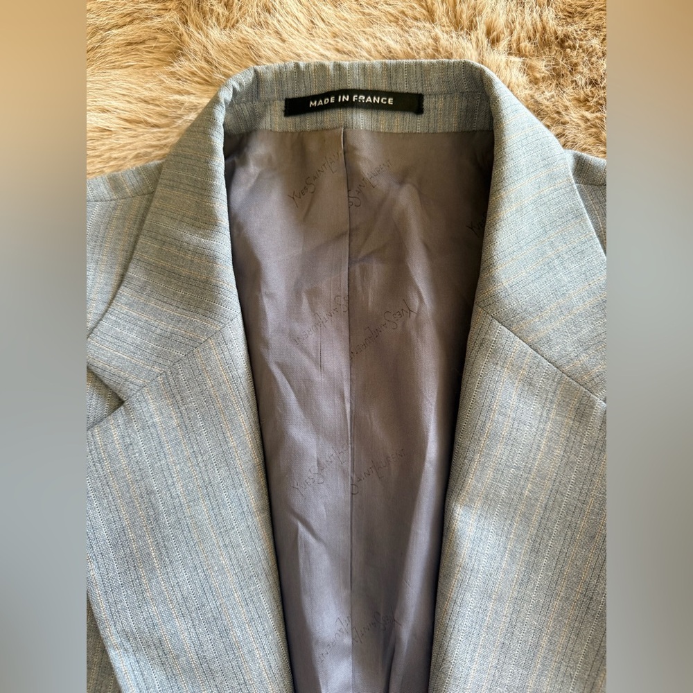 VINTAGE Yves Saint Laurent Light Blue + Tan Plaid Blazer + Removable Fur Collar - Picture 9 of 13